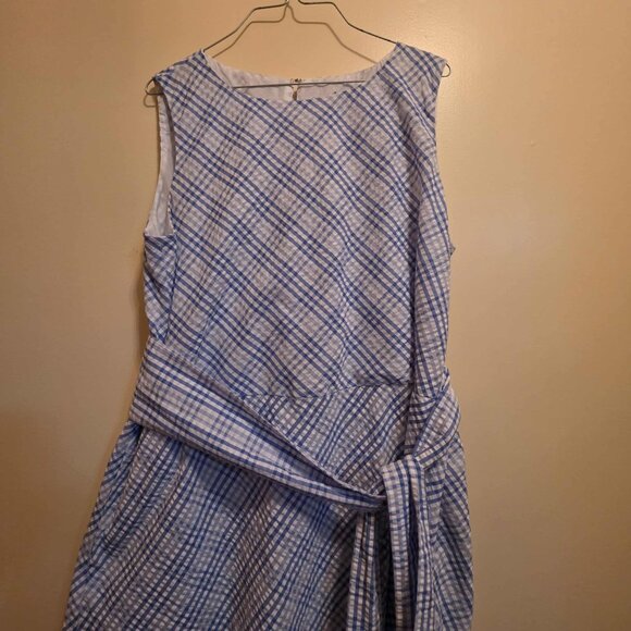 Blue/White Checkered Dress with Pockets & Belt - Picture 2 of 5